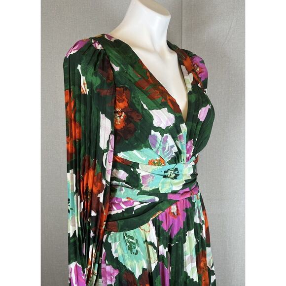 Anthropologie Size 6 Maeve Pleated Long Dress V Neck Green Floral Wedding Date - Picture 6 of 14